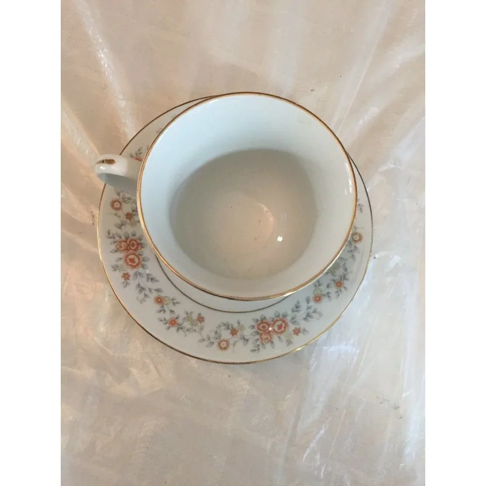 VTG FTDA 1987 Footed Tea Cup & Saucer White Silver Band Peach Floral Cottagecore